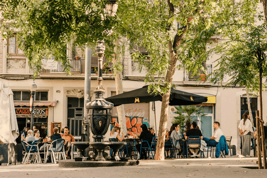 Outdoor café in Barcelona with people enjoying drinks and conversations under trees.