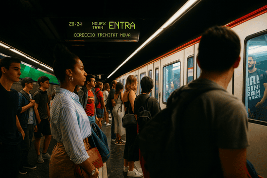 Commuters waiting on Barcelona metro platform in 2025.