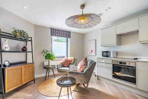 Cozy living room in The Crescent Apartment featuring stylish chairs and a compact kitchen.
