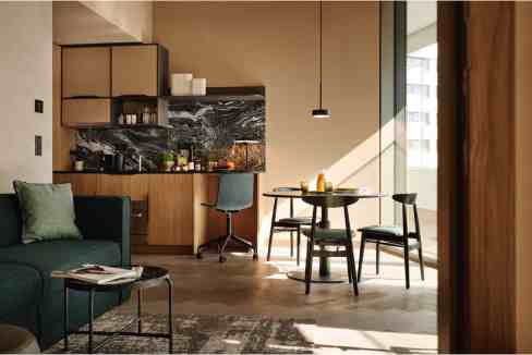 Contemporary apartment interior featuring a dining table, kitchen, and natural sunlight at Danube Ka.