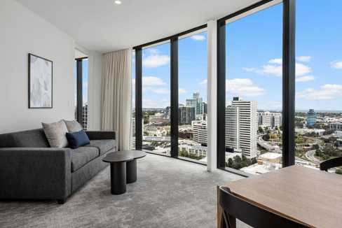 Apt in Melbourne National Gallery Aparthotel with city skyline views.