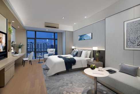 Modern hotel room at Guangzhou Haizhu Centre Aparthotel with stylish decor and city views.