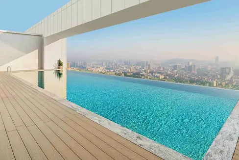 Infinity pool overlooking Shenzhen skyline at Fengyishan Aparthotel.