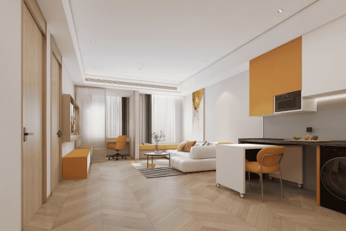 Stylish living room at Dalian Port Aparthotel featuring modern furniture and bright, airy ambiance.