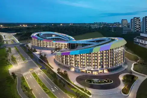 A modern, circular aparthotel near Sancha Reservoir with stylish architecture and scenic surrounding.