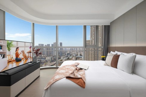 Modern apartment with city views in Wuhan Future Center Aparthotel.