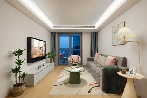Bright living room with large window overlooking Suzhou skyline, stylish furniture, and cozy decor.