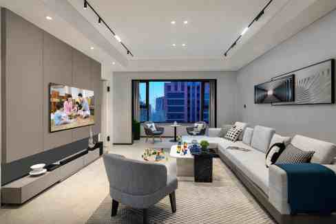 Stylish and spacious living room in Tianjin International Airport Aparthotel with modern furniture a.