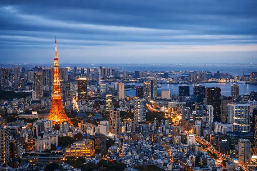 Vibrant Tokyo cityscape featuring Tokyo Tower illuminated against a cloudy evening sky.