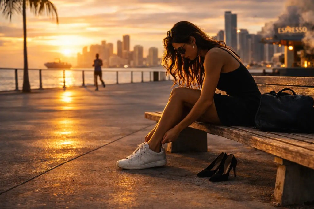 Woman sitting on bench at sunset in Miami with city skyline in background.