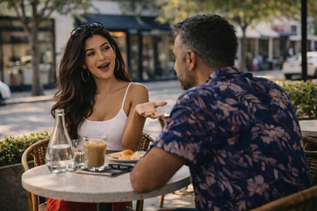 Two people enjoying a conversation at an outdoor cafe in Miami.