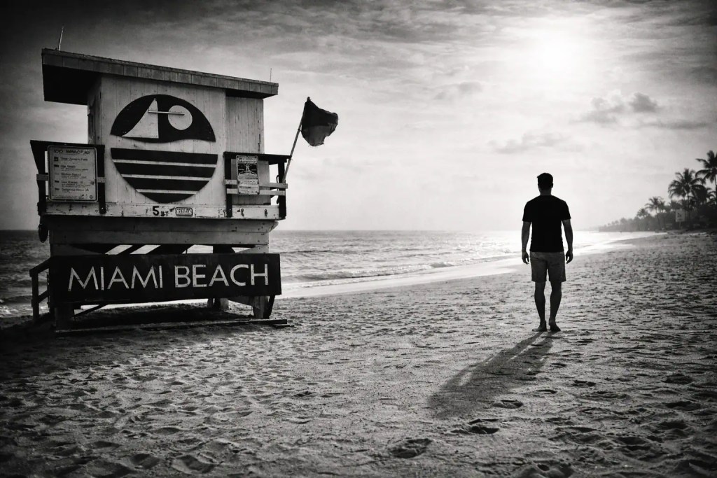 Lifeguard tower on Miami Beach with a person walking along the shore at sunset.