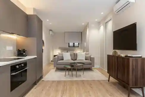 Modern living room with a comfortable sofa, wall-mounted TV, and stylish decor in a contemporary apa.