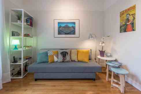 Bright living room with gray sofa, decorative cushions, and bookshelf with books and plants.