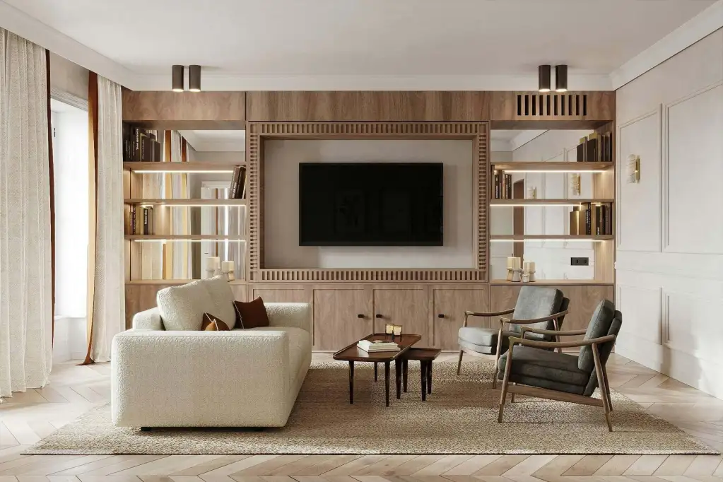 Contemporary living room with built-in wooden shelves, TV, and cozy seating area.