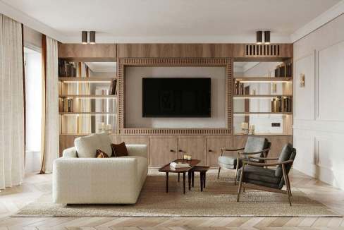 Contemporary living room with built-in wooden shelves, TV, and cozy seating area.