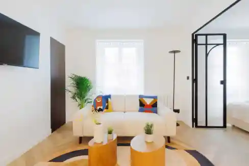 Modern living room with white sofa, colorful pillows, and natural light.