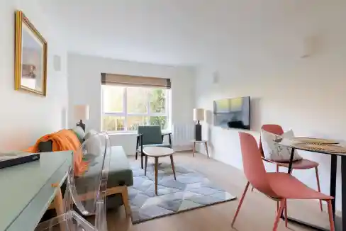 Bright living room with large window, TV, and contemporary furniture.