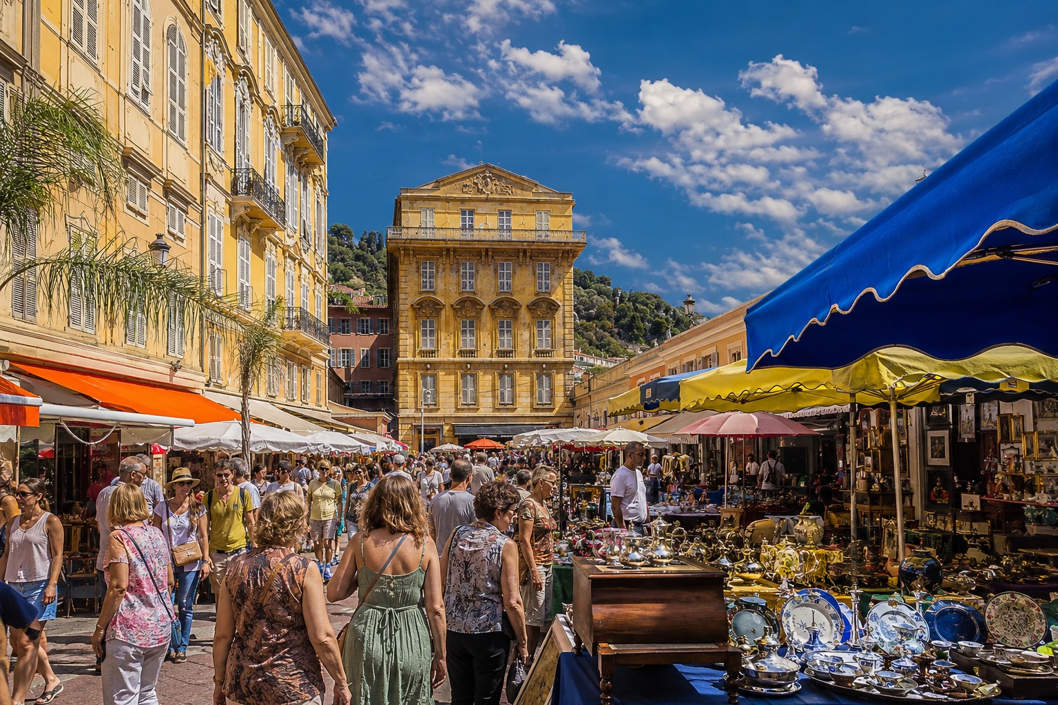 A bustling outdoor market filled with people browsing various stalls. Colorful tents shade items, including antiques and artworks, while a large yellow building stands prominently in the background under a blue sky with scattered clouds.