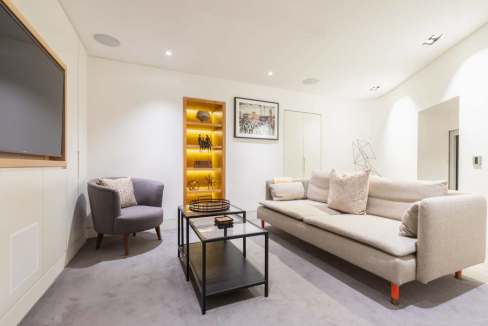Contemporary living room with sofa, armchair, and decorative shelving.