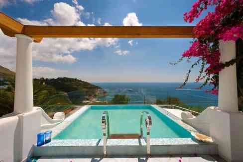 Infinity pool overlooking the sea with scenic landscape and vibrant flowers.