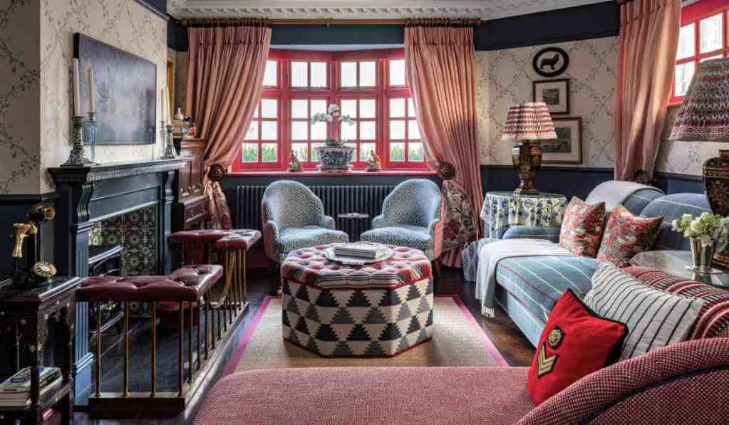 Stylish living room with vintage decor and large bay windows in South Kensington.
