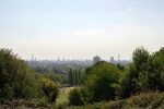 Panoramic view of London skyline from Hampstead with greenery in foreground.