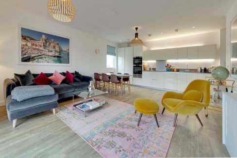 Spacious living room with contemporary furniture and open-plan kitchen.