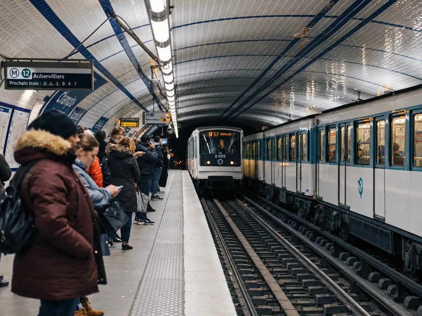 People waiting for the train at an underground metro station in Paris.