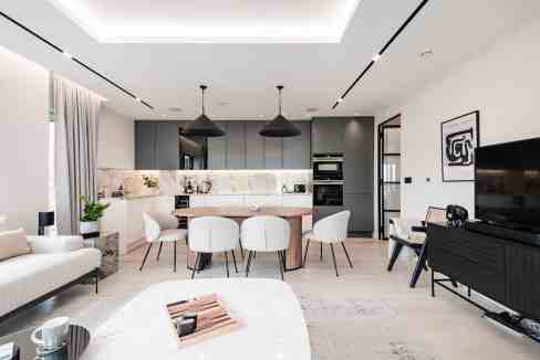 Contemporary living space with open-plan kitchen and dining area.