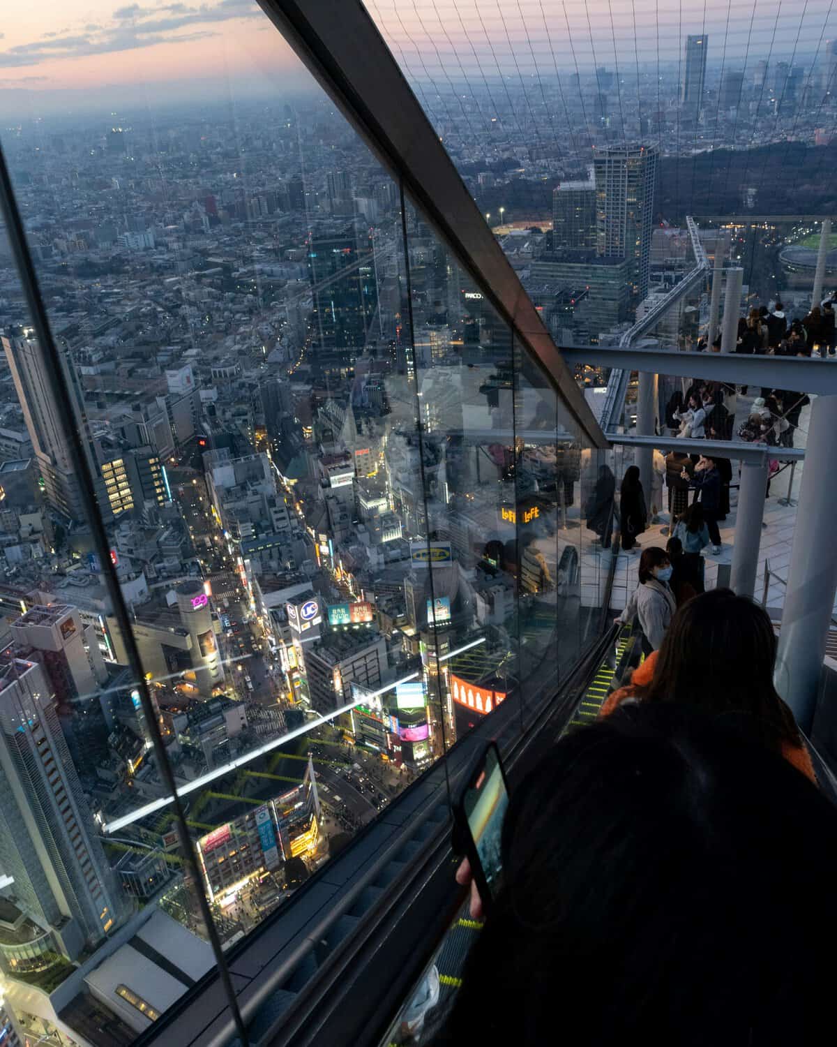 City skyline from a high-rise observation deck at dusk.