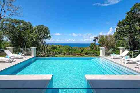 Infinity pool overlooking lush greenery and ocean horizon.