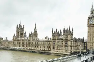 View of the Houses of Parliament and Big Ben in London from the River Thames.